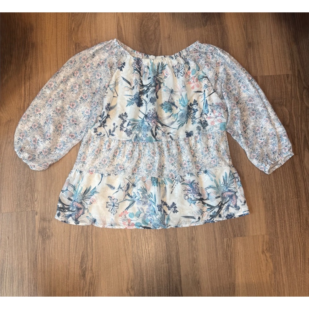 Cupio Womens Floral Butterfly Burnout Tiered Peasant Blouse White Silver Large